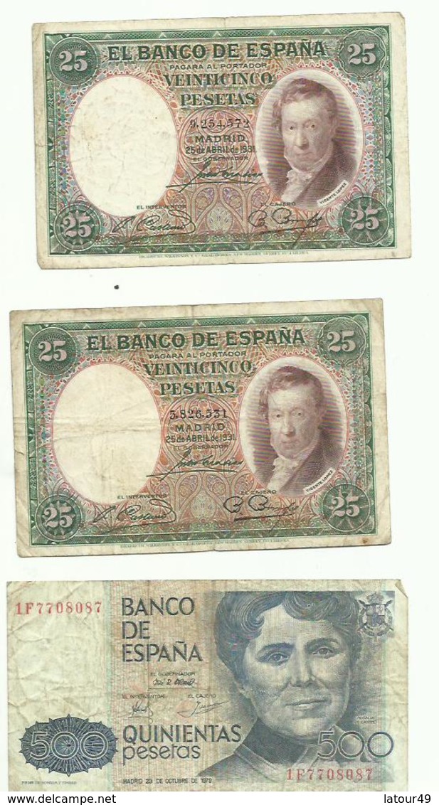 3 Billets Espagne 1 De  500 Petas 1979 Et 2 De 25 Pesetas 1931 - 25 Peseten