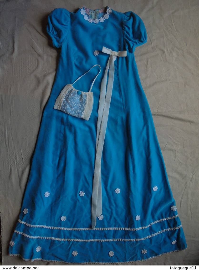 Ancien - Robe longue en velours couleur bleu pour petite fille Demoiselle d'honneur 1968