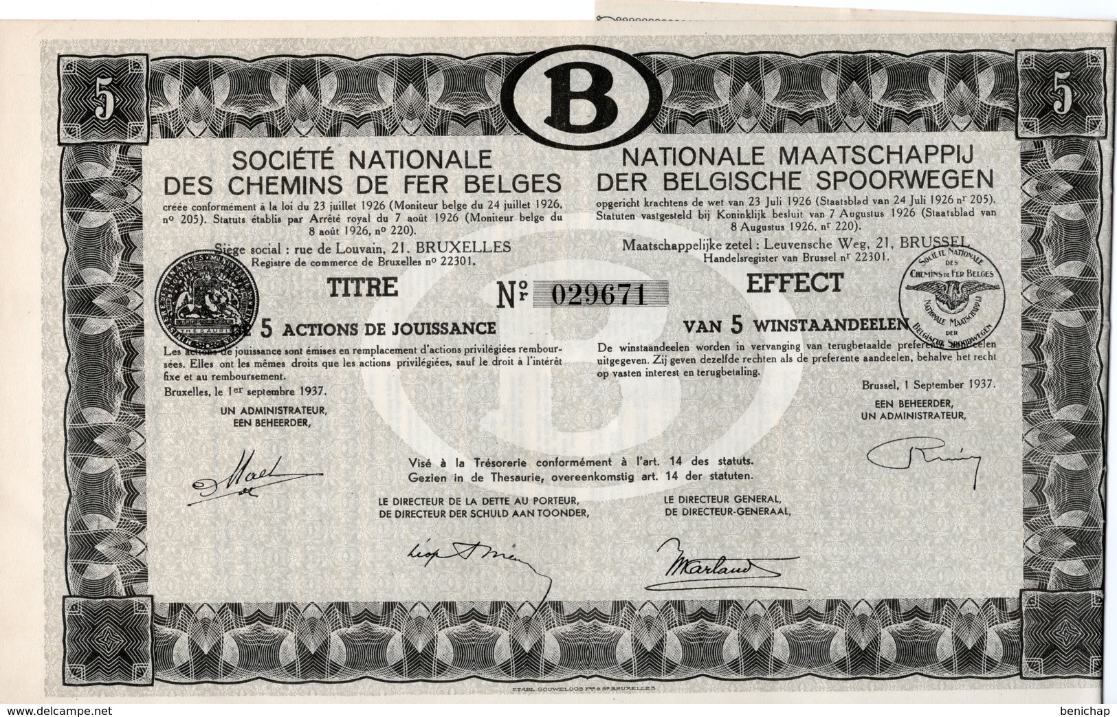 Titre De Bourse NMBS - SNCB - De 5 Actions De Jouissance - Van 5 Winstaandeelen - 1937. - Railway & Tramway