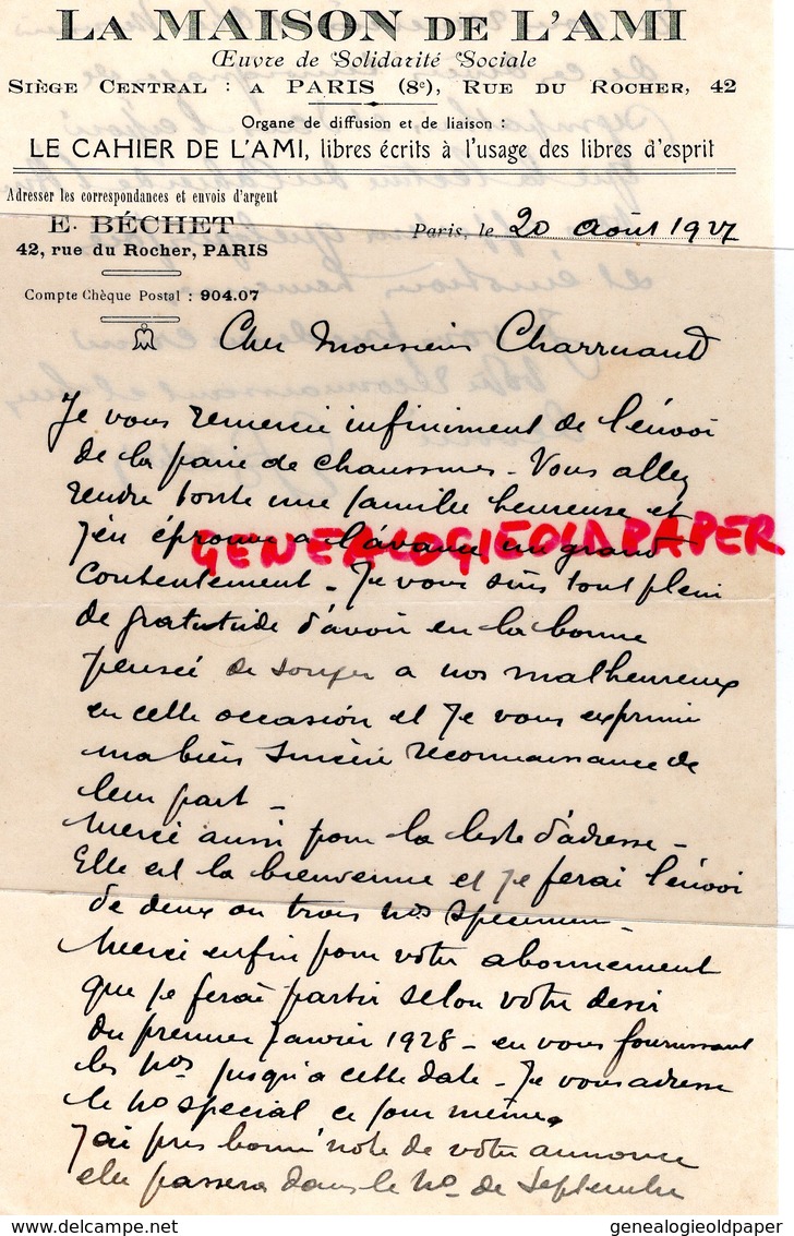 75- PARIS- RARE LETTRE MANUSCRITE SIGNEE E. BECHET- LIBRES ECRITS  42 RUE DU ROCHER- 1927 - Printing & Stationeries