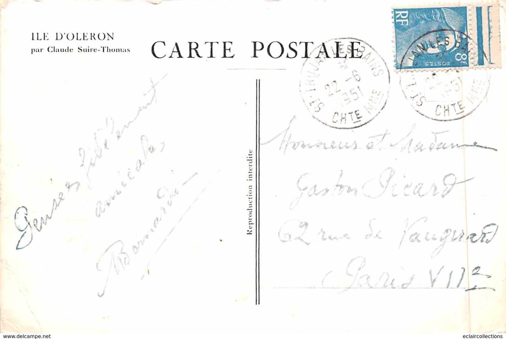 Ile D'Oléron. Non Localisé      17     Carte  De L'Ile  Par  Claude Suire-Thomas    (voir Scan) - Ile D'Oléron