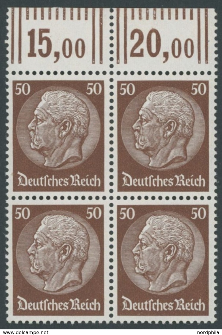 Dt. Reich 473WOR VB **, 1932, 50 Pf. Hindenburg, Walzendruck, Im Oberrandviererblock, Postfrisch, Pracht, Mi. 116.- - Other & Unclassified