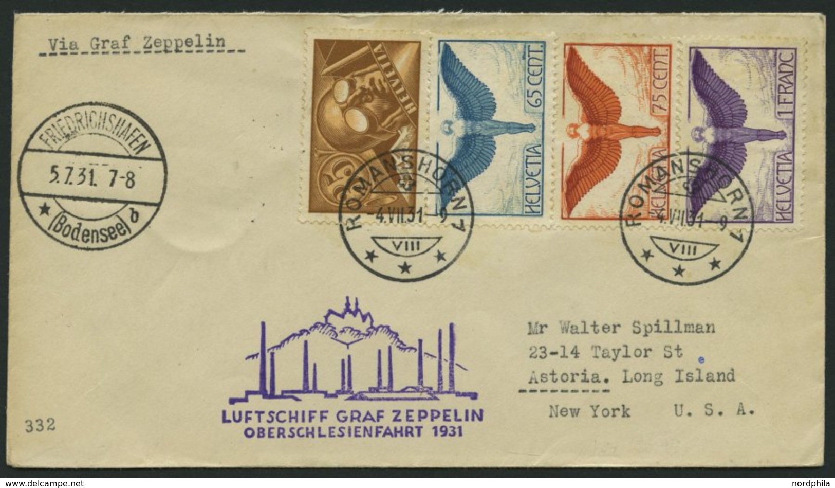 ZULEITUNGSPOST 115 BRIEF, Schweiz: 1931, Oberschlesienfahrt, Prachtbrief Nach New York - Airmail & Zeppelin