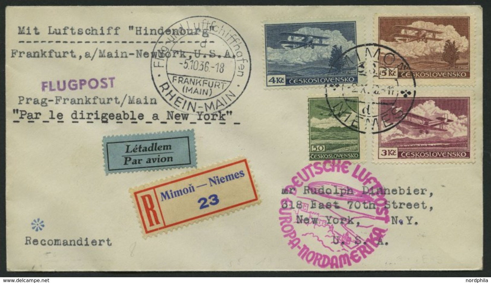 ZULEITUNGSPOST 441 BRIEF, Tschechoslowakei: 1936, 10. Nordamerikafahrt, Einschreibbrief, Pracht - Airmail & Zeppelin