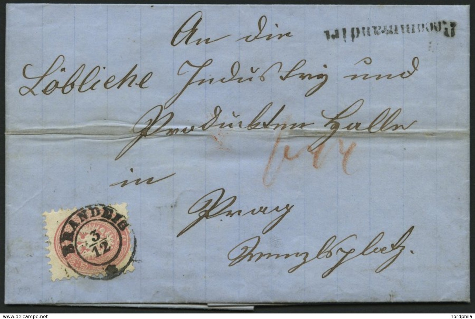 ÖSTERREICH 32/3 BRIEF, 1865, 5 Kr. Rosa Und Rückseitiges Reco-Porto 10 Kr. Blau Auf Brief Mit K2 BRANDEIG, L1 RECOMMANDI - Used Stamps