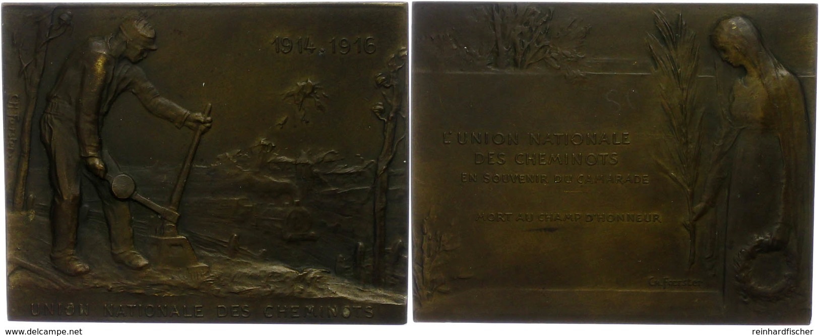 Frankreich, Rechteckige Bronzeplakette (ca. 64,60x51,10mm, Ca. 89,55g), 1916, Von Ch. Foerster. Av: Bahnarbeiter Beim We - Andere & Zonder Classificatie