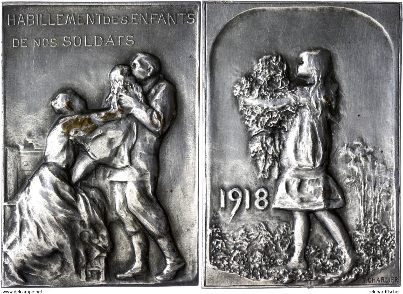 Belgien, Versilberte Bronzeplakette (ca. 66,10x46mm, Ca. 87,28g), 1918, Von G. Charlier. Av: Junges Mädchen Mit Blumenst - Andere & Zonder Classificatie