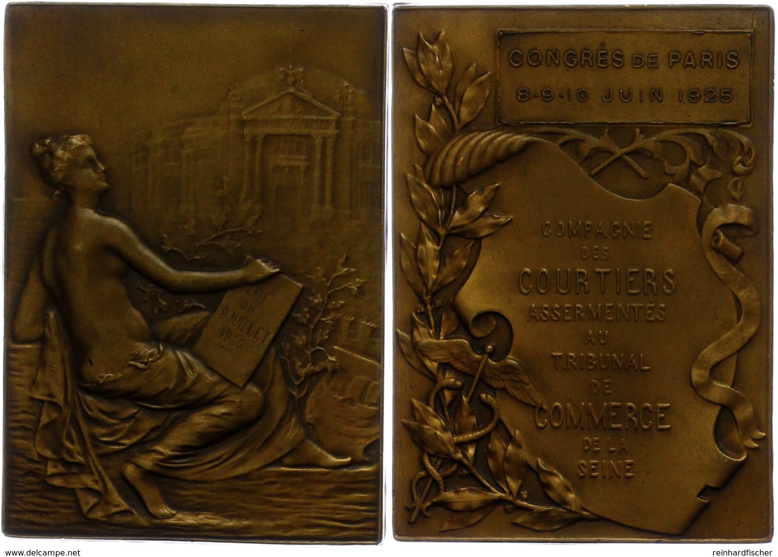 Frankreich, Rechteckige Bronzeplakette (ca. 61,50x47,90mm, Ca. 64,19g), 1925, Von B. L. Hercule. Av: Sitzende Weibliche  - Andere & Zonder Classificatie