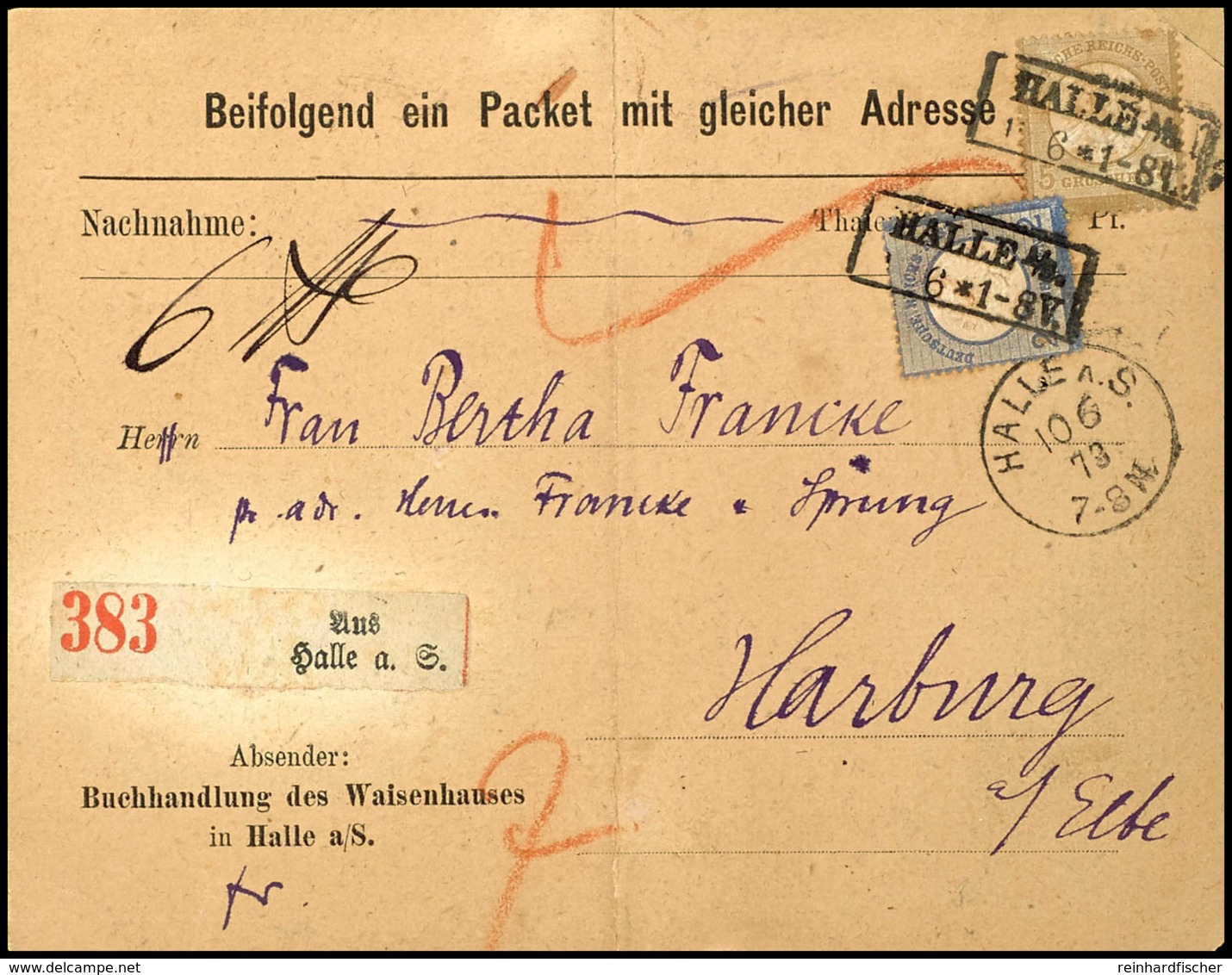 5 Gr. Ockerbraun Und 2 Gr. Blau Großer Schild Je Mit Ra2 HALLE A/S 10.6.(73) Auf Paketbegleit-Vordruckkarte "Buchhandlun - Andere & Zonder Classificatie