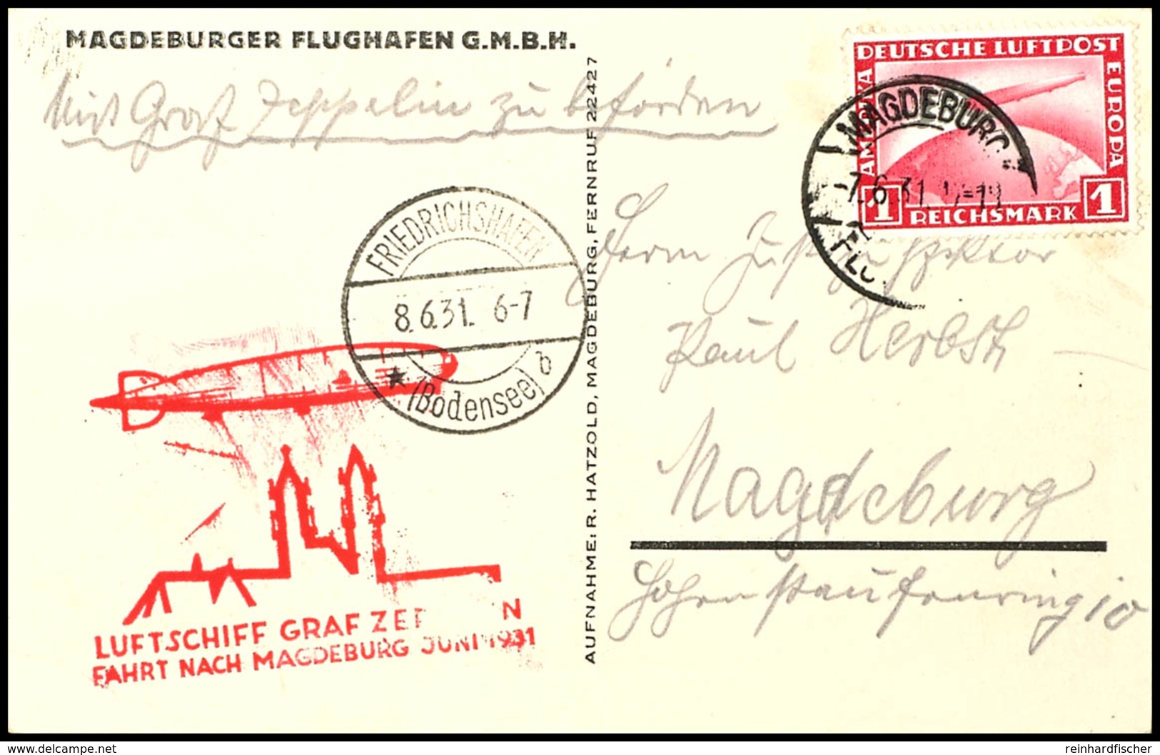 1931, Landungsfahrt Nach Magdeburg, Auflieferung Magdeburg Bis Friedrichshafen, Karte Mit 1 RM Zeppelin, Pracht, Katalog - Andere & Zonder Classificatie