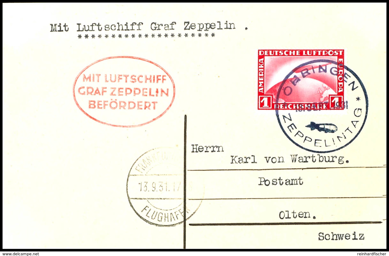 1931, Fahrt Öhringen - Frankfurt, Karte Mit Postsonderstempel ÖHRINGEN ZEPPELINTAG Und 1 RM Zeppelin Und Vorderseitigem  - Andere & Zonder Classificatie