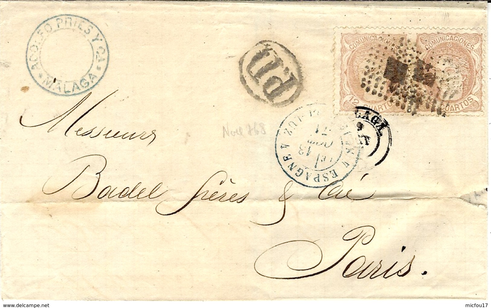 1871- Enveloppe De MALAGA Pour La France Affr. Y & T Paire N° 113  Entrée  ESPAGNE 4 St JEAN DE LUZ 4 Bleu - Storia Postale