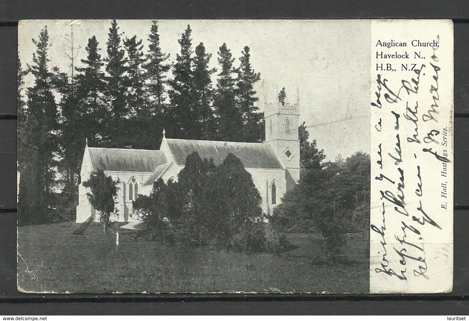 NEW ZEALAND 1904 Post Card Anglican Church Havelock To England Michel 98 (1901) As Single - Brieven En Documenten
