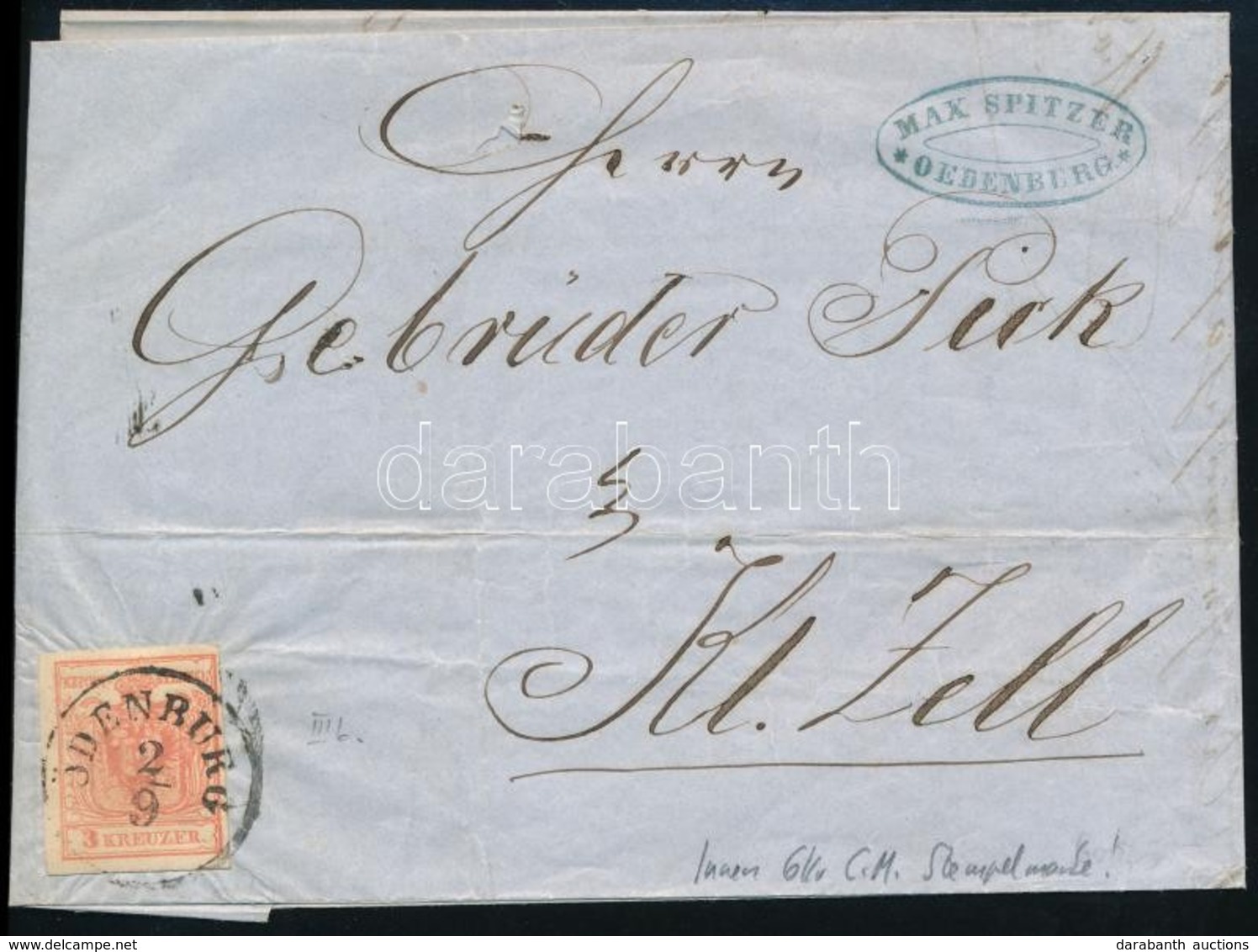 1856 3kr MP III Levélen / On Cover, Belül 6kr Illetékbélyeg / 6kr Fiscal Stamp On The Inside. 'ÖDENBURG' - Otros & Sin Clasificación