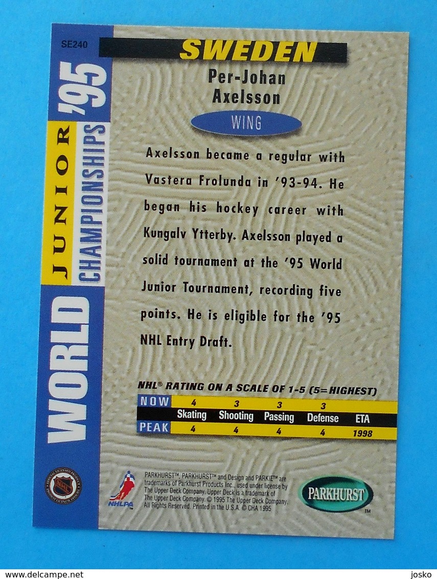 1994-95 Parkhurst SE Ice Hockey Card PER-JOHAN AXELSSON Sweden Frölunda Hockey Club Boston Bruins Eishockey Sur Glace - 1990-1999