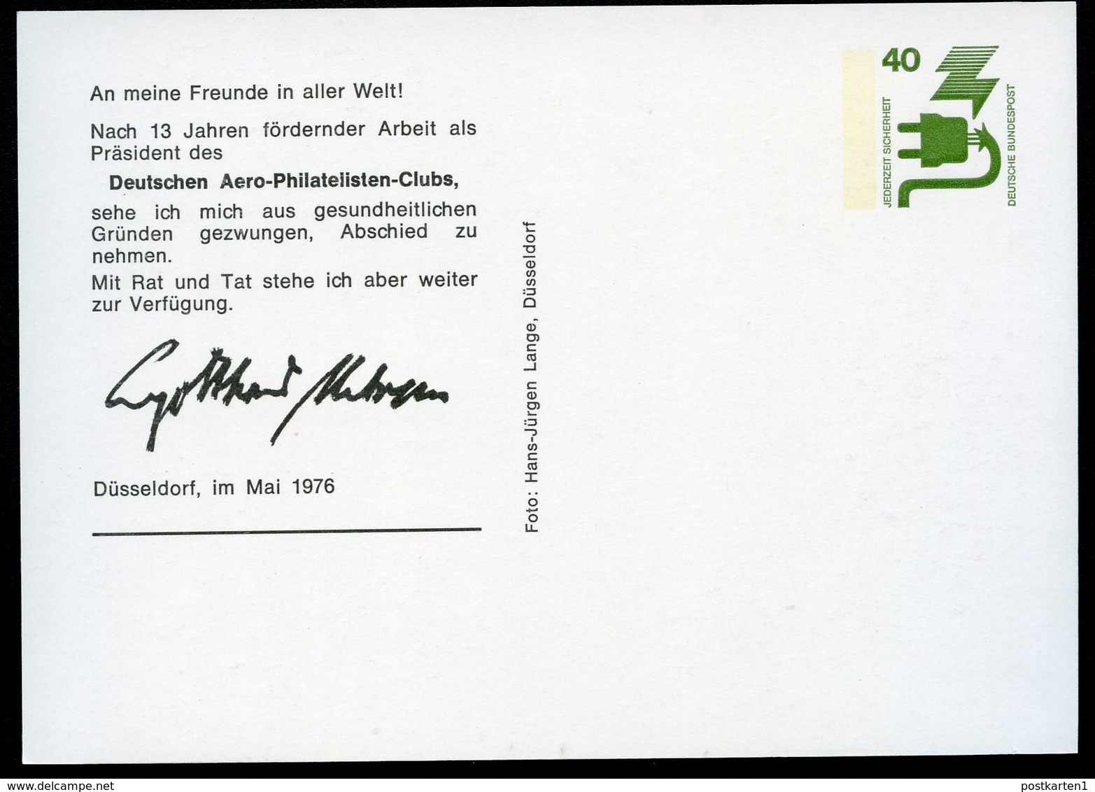 Bund PP69 C2/004 G.MEHREN AERO-PHILATELISTEN-CLUB DÜSSELDORF 1976  NGK 4,00 € - Cartes Postales Privées - Neuves