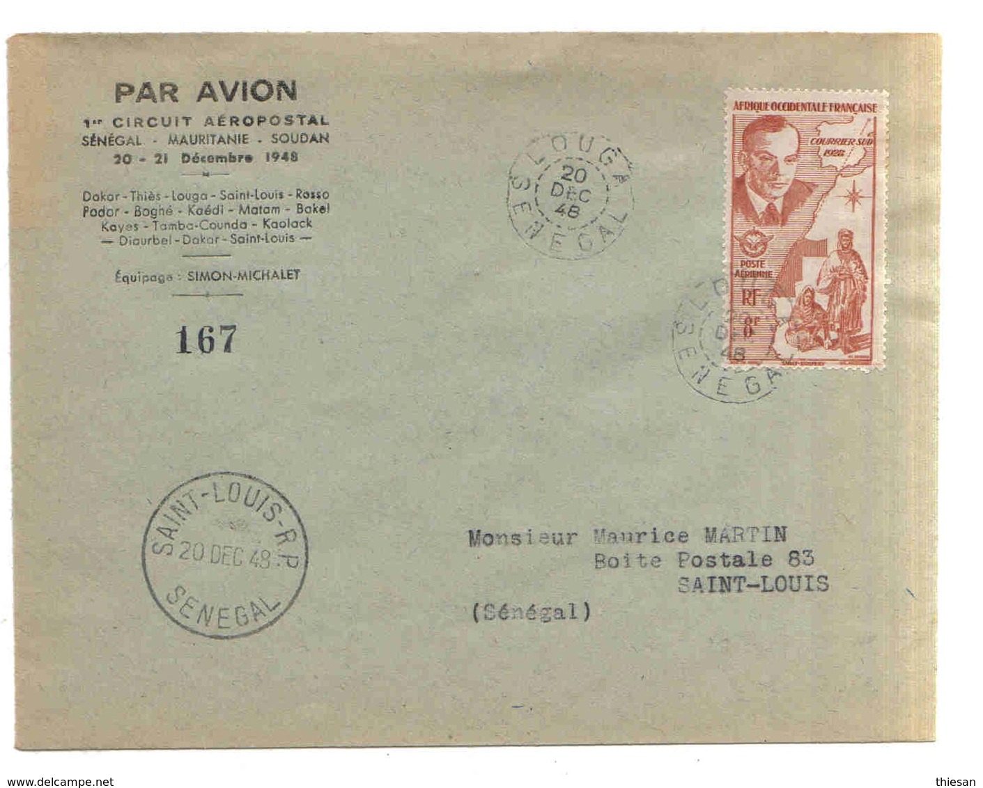 Senegal Lettre Avion Louga St Louis 1948 St Exupery Carte Sahara Espagnol Map Cover Brief Belege Carta Aeropostale - Briefe U. Dokumente