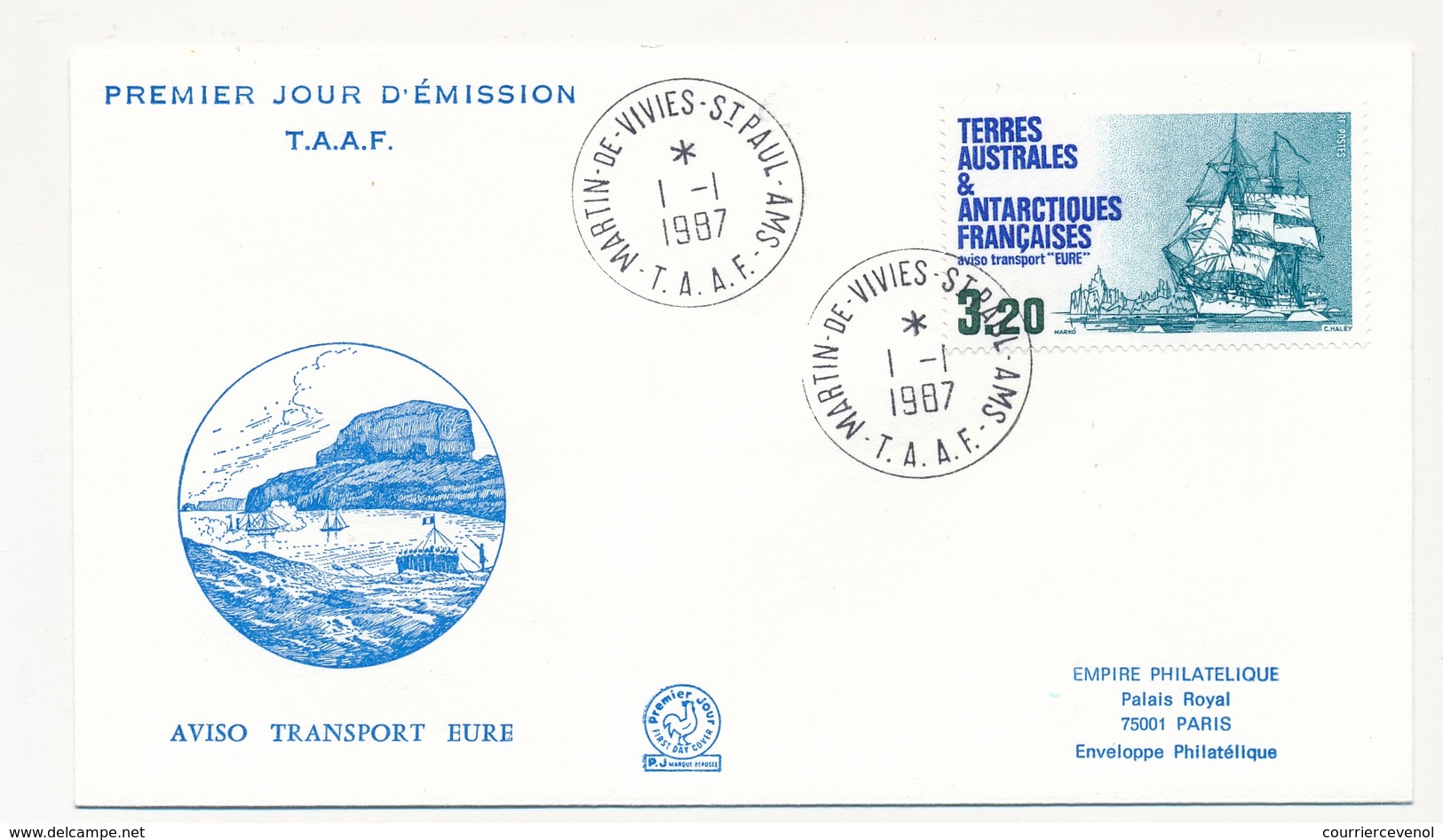TAAF - Enveloppe FDC - 3,20 Aviso Transport Eure - Martin De Vivies / St Paul Et Ams. - 1.1.1987 - FDC