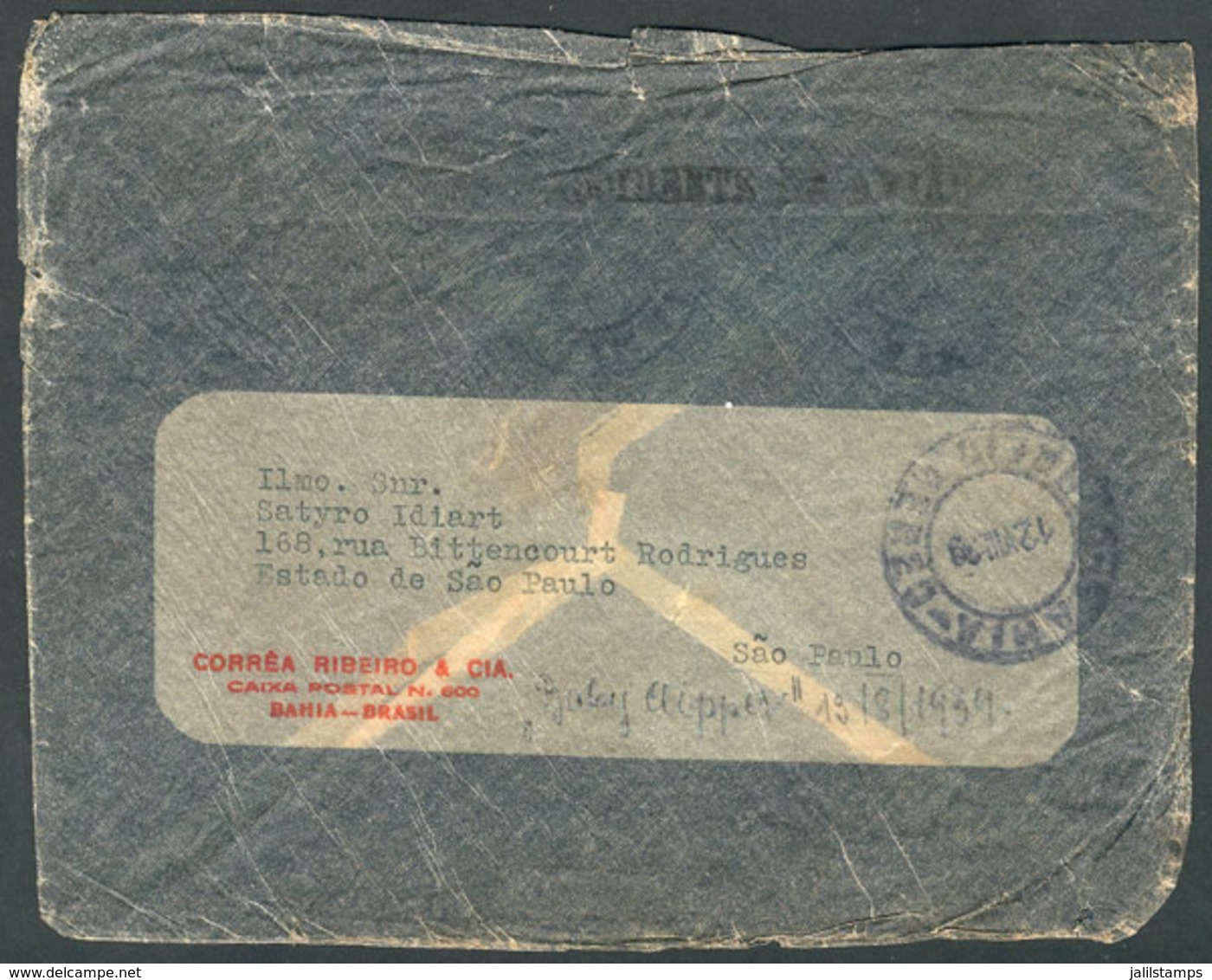 BRAZIL: CRASH COVER: Airmail Cover Sent From Bahia To Sao Paulo On 12/AU/1939 Carried On The Airplane "Baby Clipper" Tha - Sonstige & Ohne Zuordnung