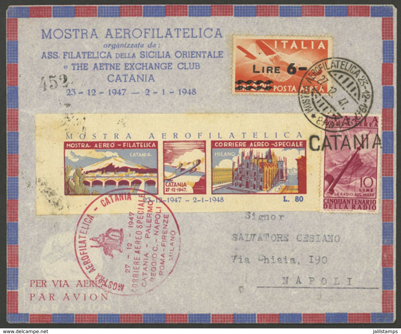 ITALY: 27/DE/1957 Airmail Cover With Special S.sheet Of The Aerophilately Expo Of Catania, Very Nice! - Ohne Zuordnung