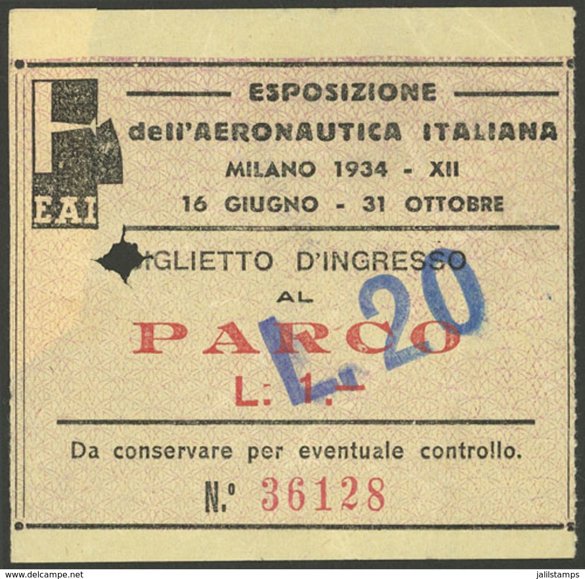 ITALY: Entry Ticket Of The Italian Aeronautics Exhibition Of 1934 In Milano, Interesting! - Eintrittskarten