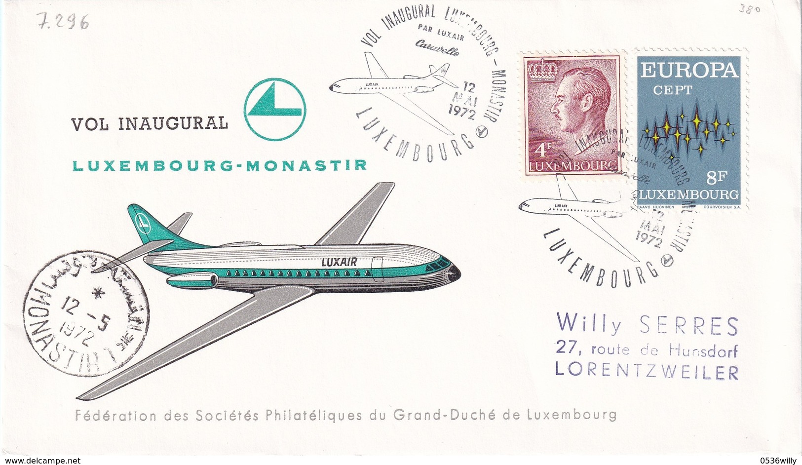 Vol Inaugural Luxembourg-Monastir (7.296) - Cartas & Documentos