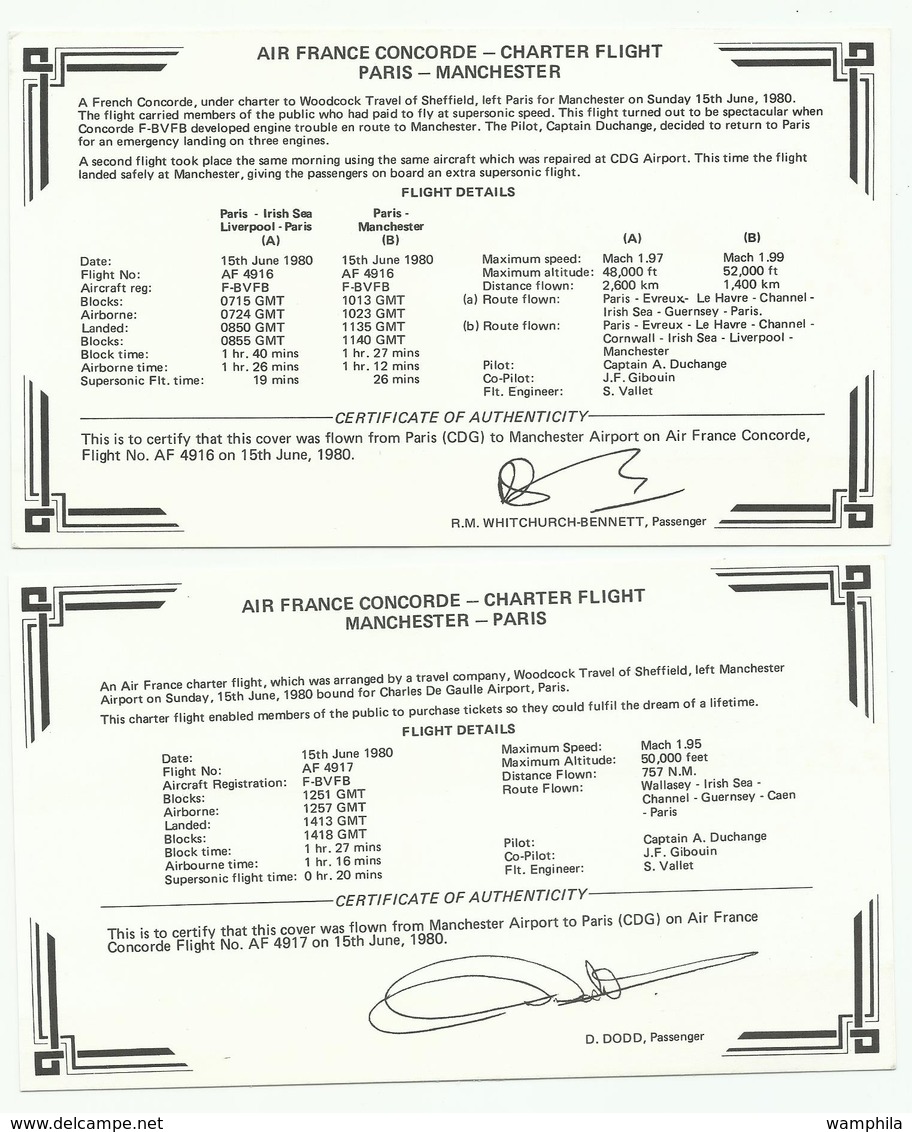 1980 Concorde 1er Vol Paris Manchester + Retour, 2 Enveloppes Avec Certificats - First Flight Covers