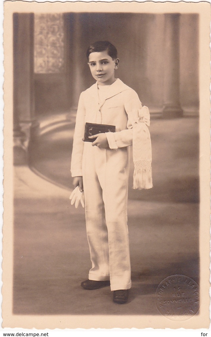 Carte Photo :enfant : Communiant - Avec Brassard,missel : En Pose - En Pied - J. LANCON - Chambéry - Savoie - Communie