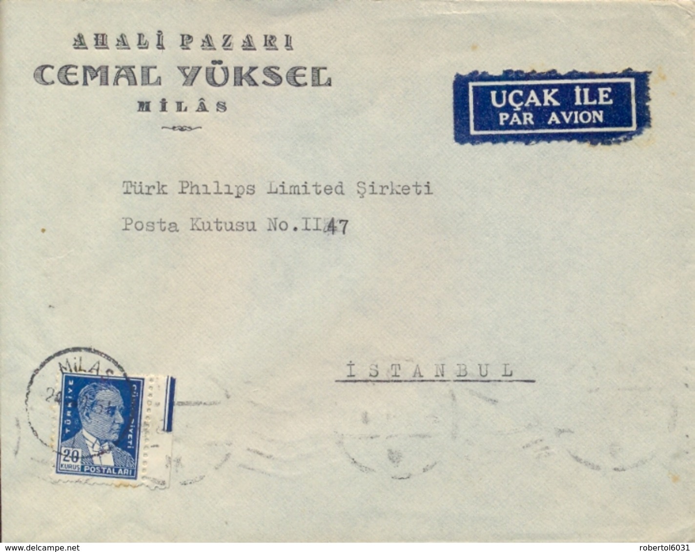 Turkey 1951 Airmail Cover From Milas To Istanbul With 20 K. - Poste Aérienne