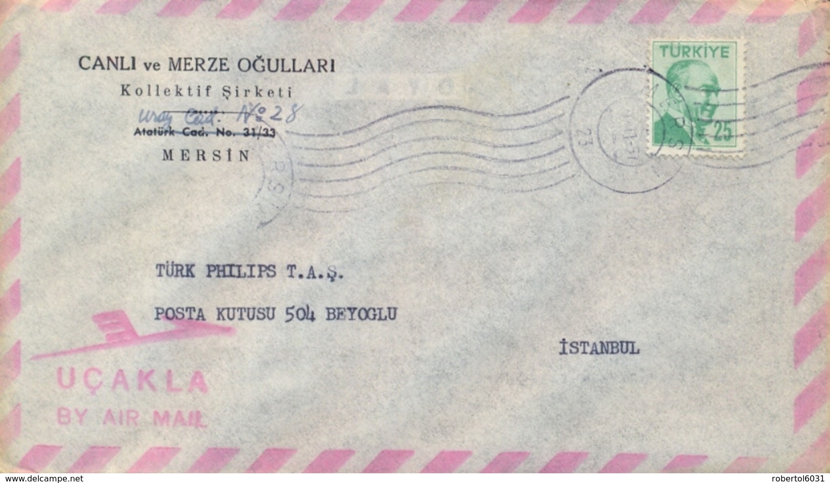 Turkey 1957 Airmail Cover From Mersin To Istanbul With 25 K. - Poste Aérienne