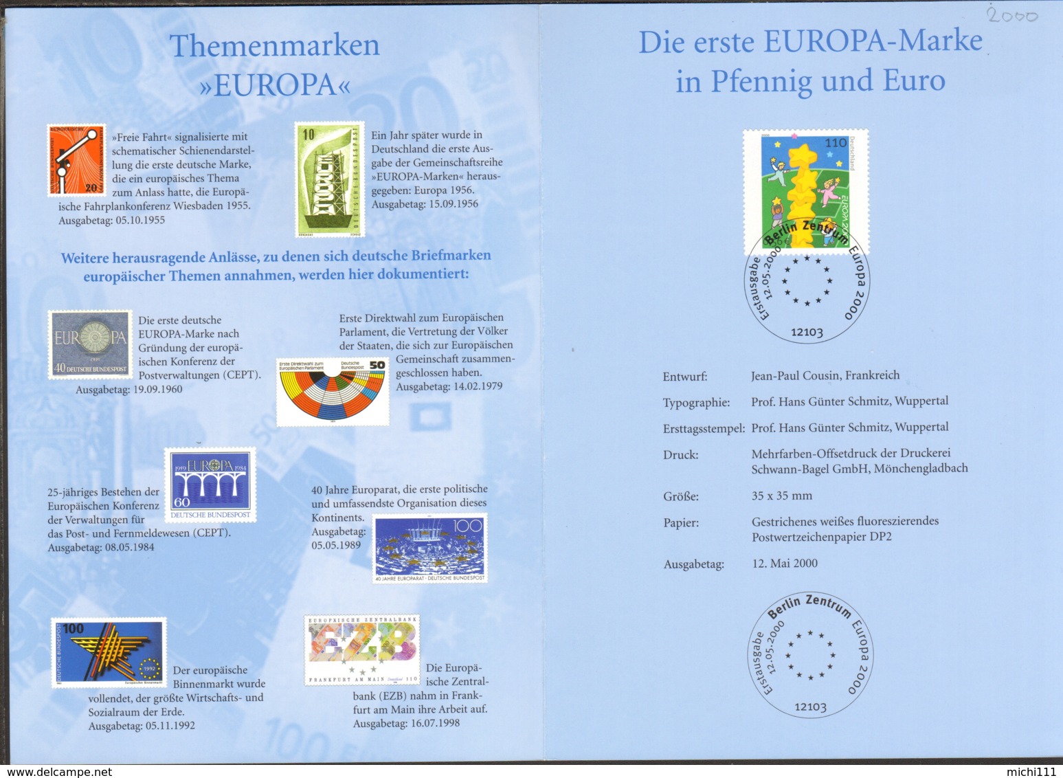 BRD Erste Europamarke In Pfennig Und Euro Mit Sonderstempel - 2000