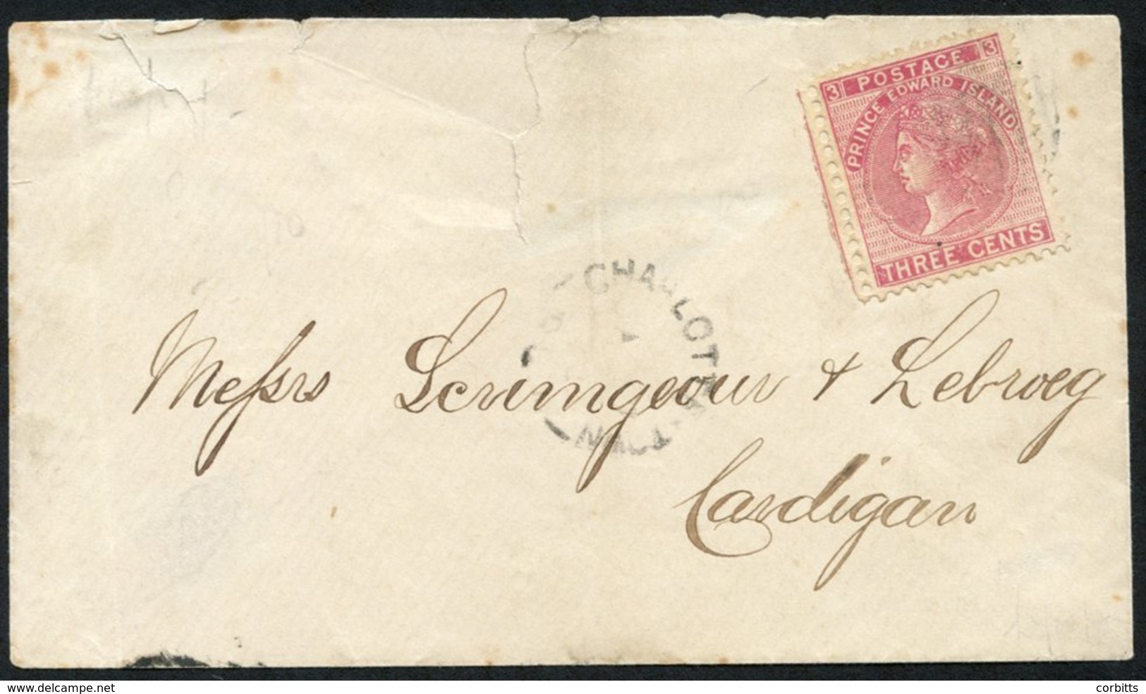 1872 Locally Sent Cover To Cardigan From Charlotte-Town (JA 7) With A 3c Rose Lightly Tied By A Barred Canceller. Cover  - Sonstige & Ohne Zuordnung