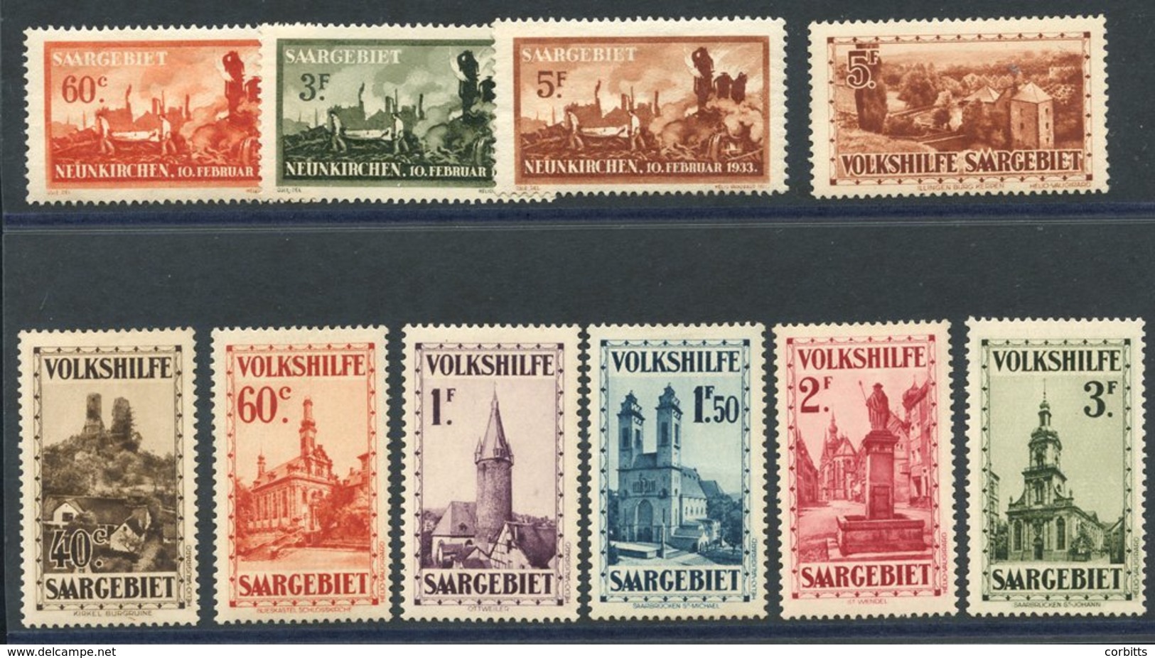 1932 Christmas Charity Views Set M, SG.159/165, 1933 Neunkirchen Explosion Disaster Set M, SG.166/8. (10) Cat. £505 - Sonstige & Ohne Zuordnung