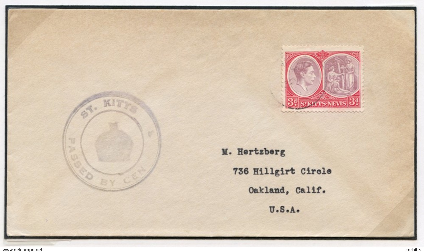 1941 Envelope To USA, Franked At 3d, Showing Fine 'ST. KITTS/Crown/PASSED BY CENSOR 3' In Black With 'SOR' Missing, Some - Sonstige & Ohne Zuordnung