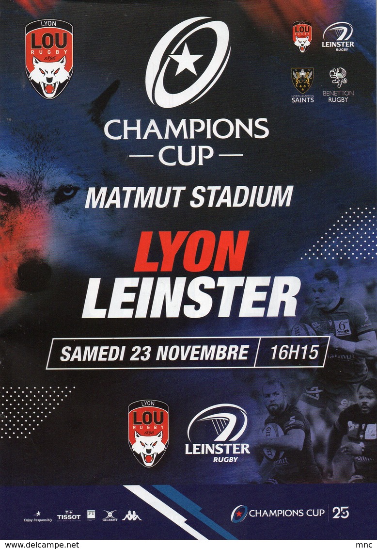 Programme Du Match De Champions Cup  LYON / LEINSTER Du 23 Novembre 2019 - Rugby