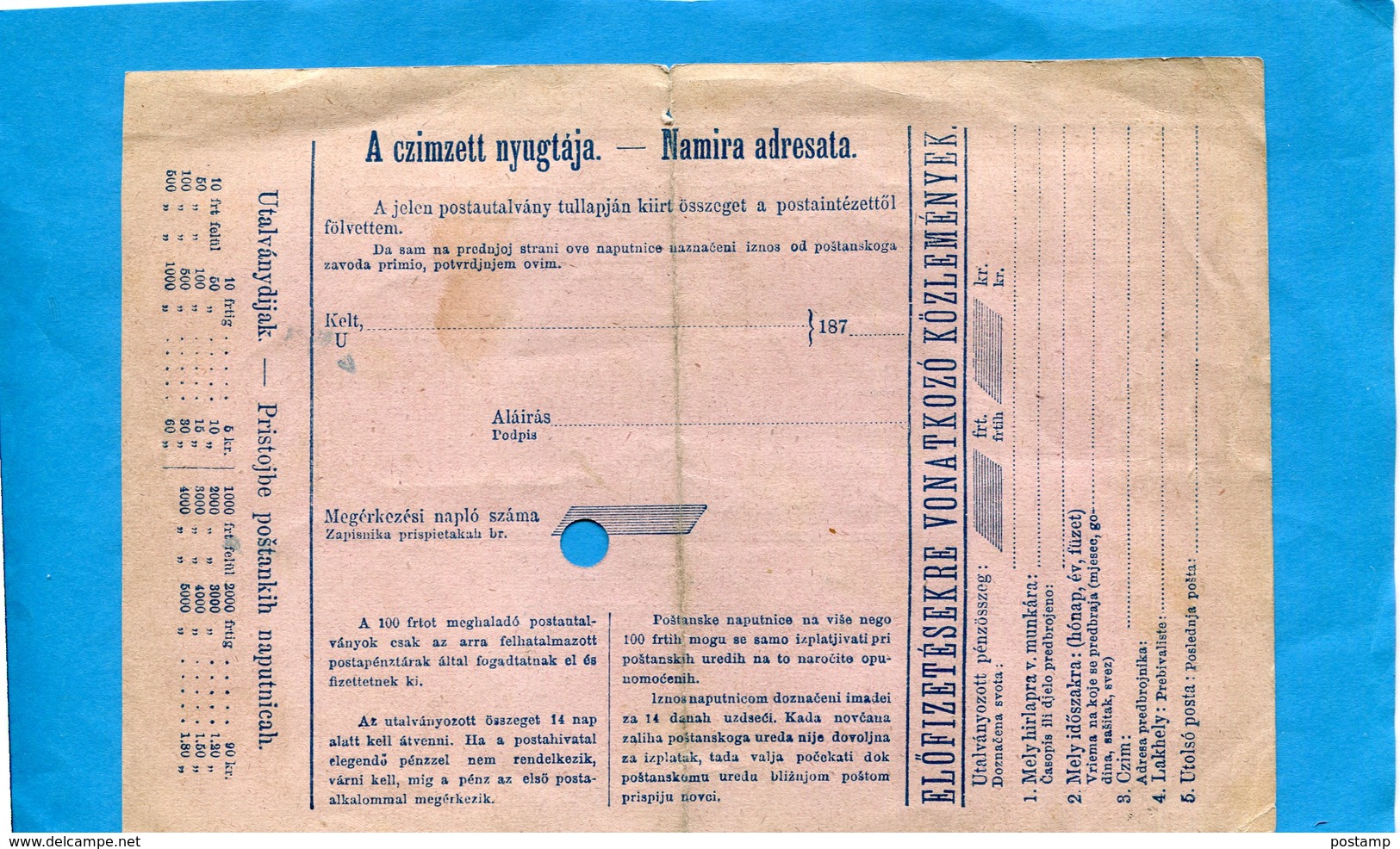Marcophilie+COUPON-entier   Postal --utalvany- 5-postanska Naputnica-années 1870+ - Paketmarken
