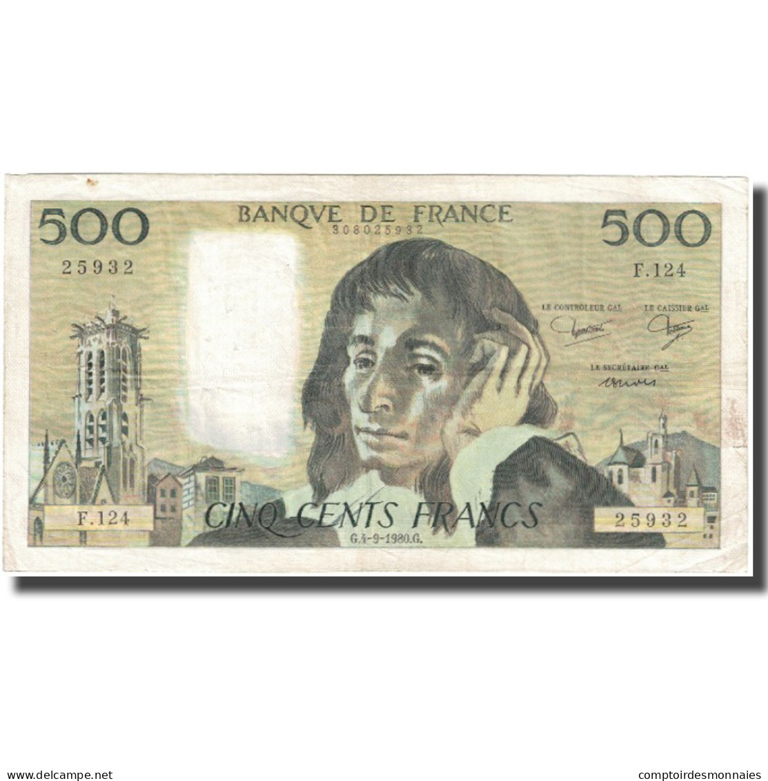 France, 500 Francs, Pascal, 1980, 1980-09-04, TB, Fayette:71.22, KM:156e - 500 F 1968-1993 ''Pascal''