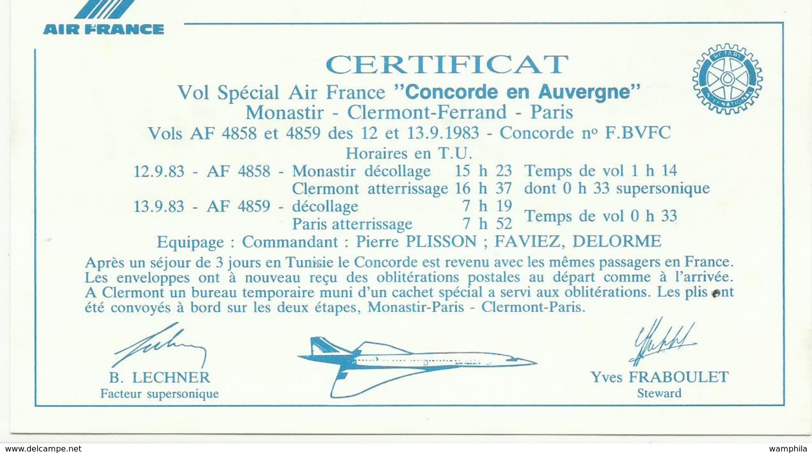 1983 Concorde, 1er Vol  Monastir Clermont Ferrand Paris  2 Plis Avec Certificat, Voir  Les Scanns - First Flight Covers