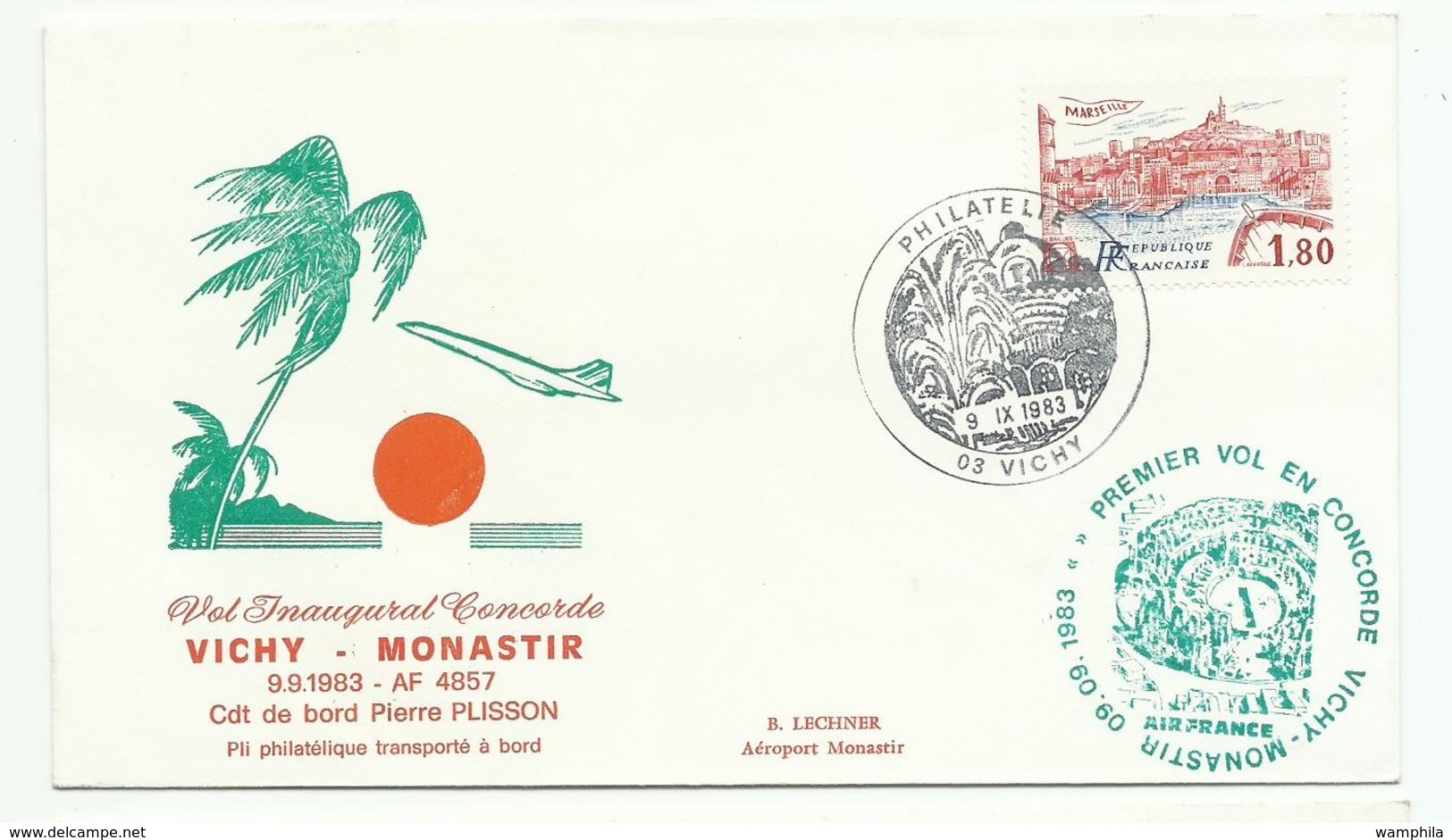 1983 Vol "Concorde En Auvergne  2 Plis Paris Vichy Monastir Avec Certificat - Primi Voli