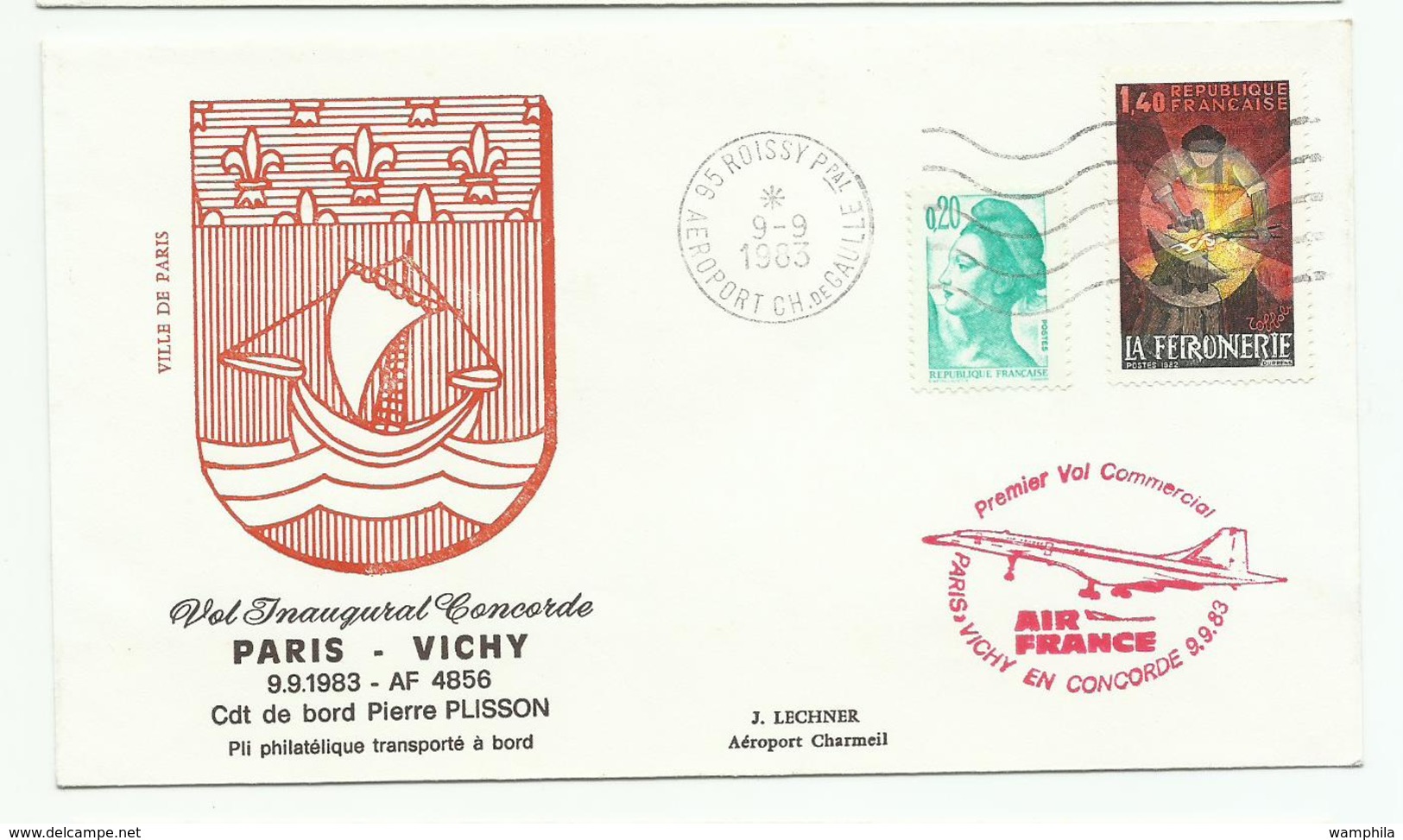 1983 Vol "Concorde En Auvergne  2 Plis Paris Vichy Monastir Avec Certificat - Primi Voli