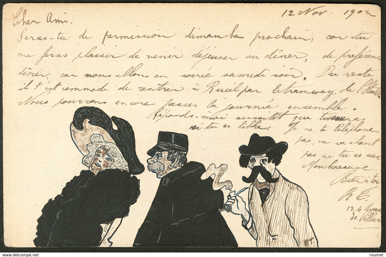 Lettre Illustrations à La Main. Trio De Personnages, CP Encre Et Plume, Afft 112 Obl Nov 1902. - TB - Ohne Zuordnung