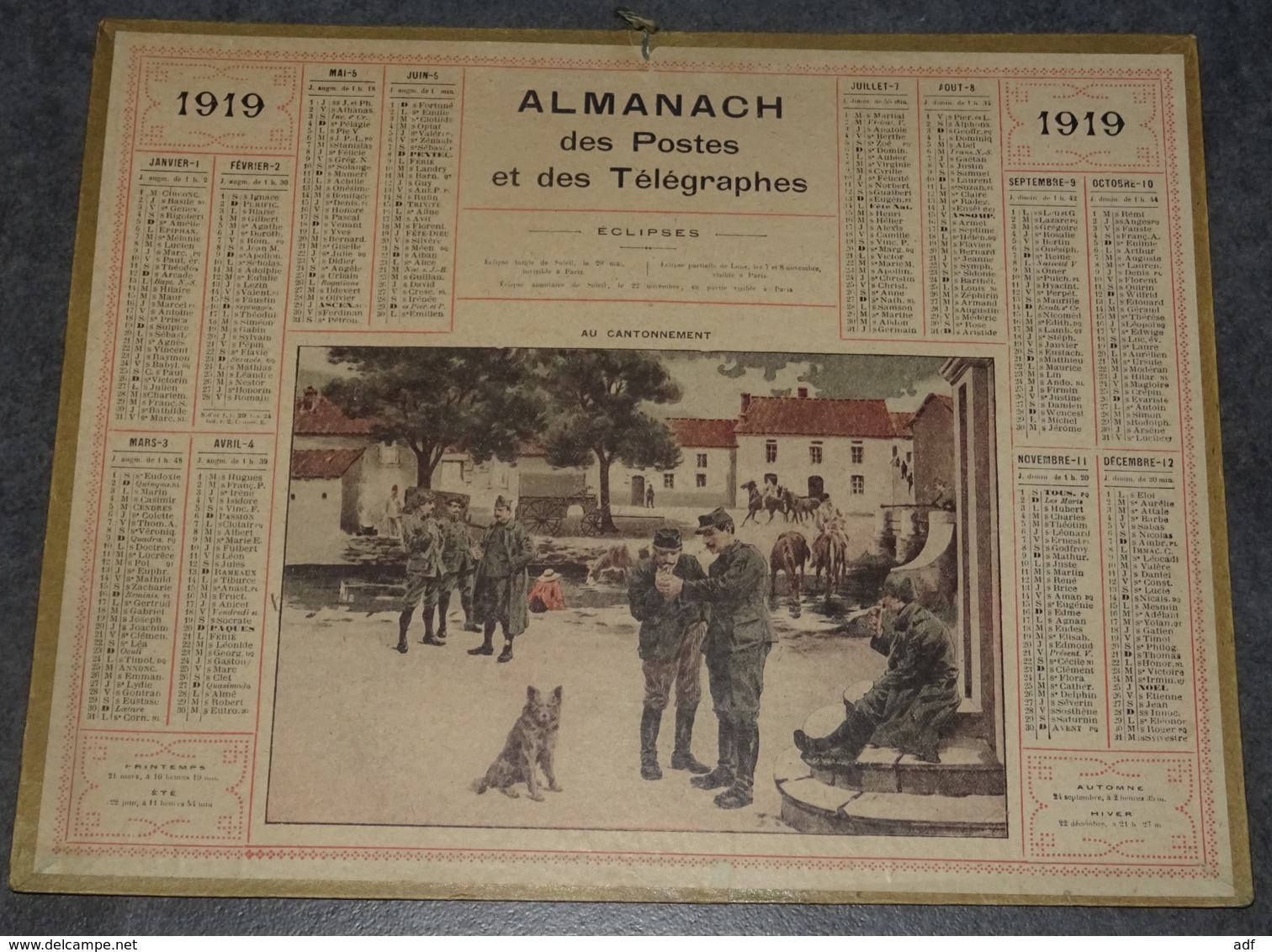 CALENDRIER ALMANACH DES POSTES ET TELEGRAPHES ANNEE 1919, ILLUSTRATION SCENE MILITAIRE " AU CANTONNEMENT ", SOLDATS - Groot Formaat: 1901-20