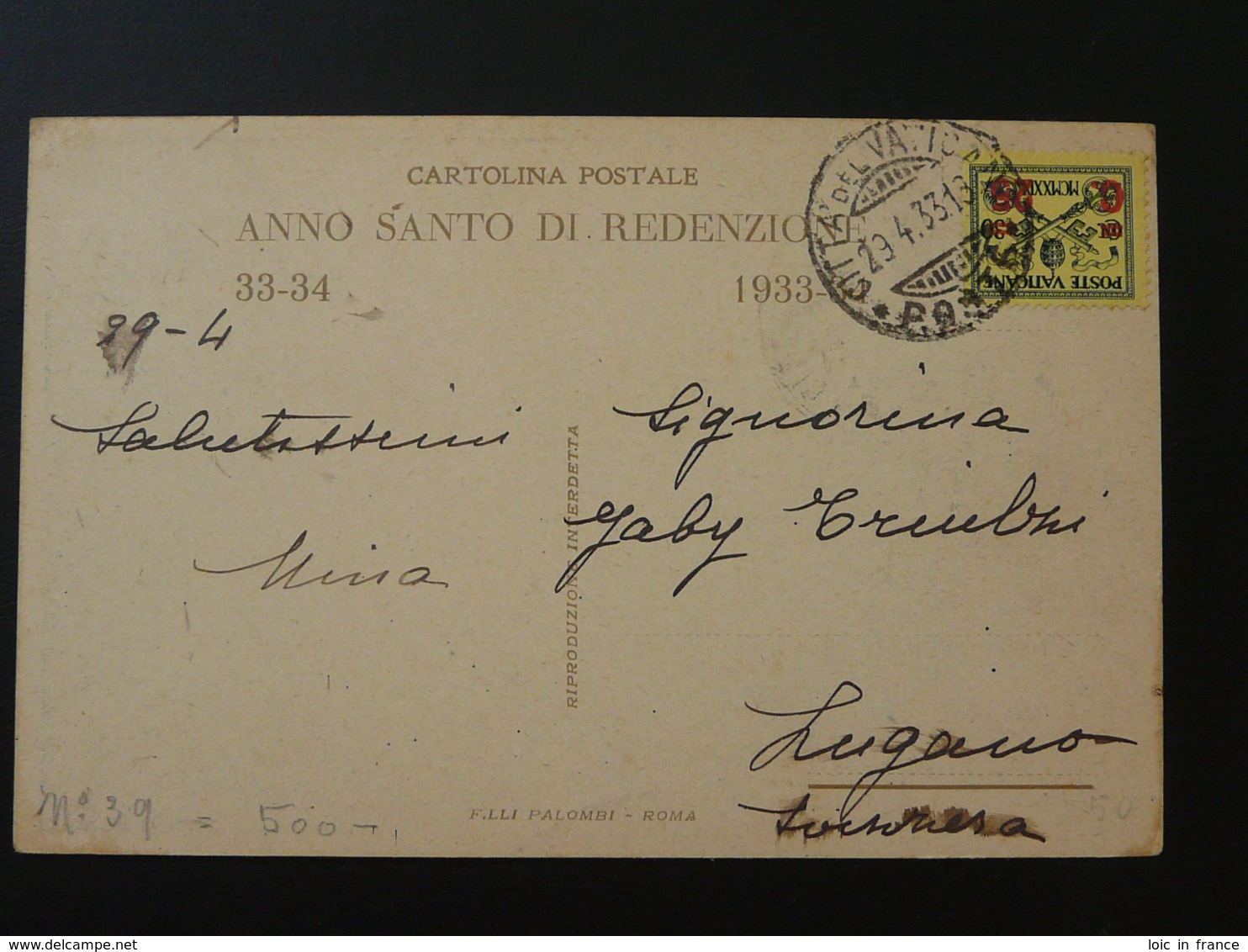 Carte Postcard Anno Santo Di Redenzione Vatican 1933 - Cartas & Documentos