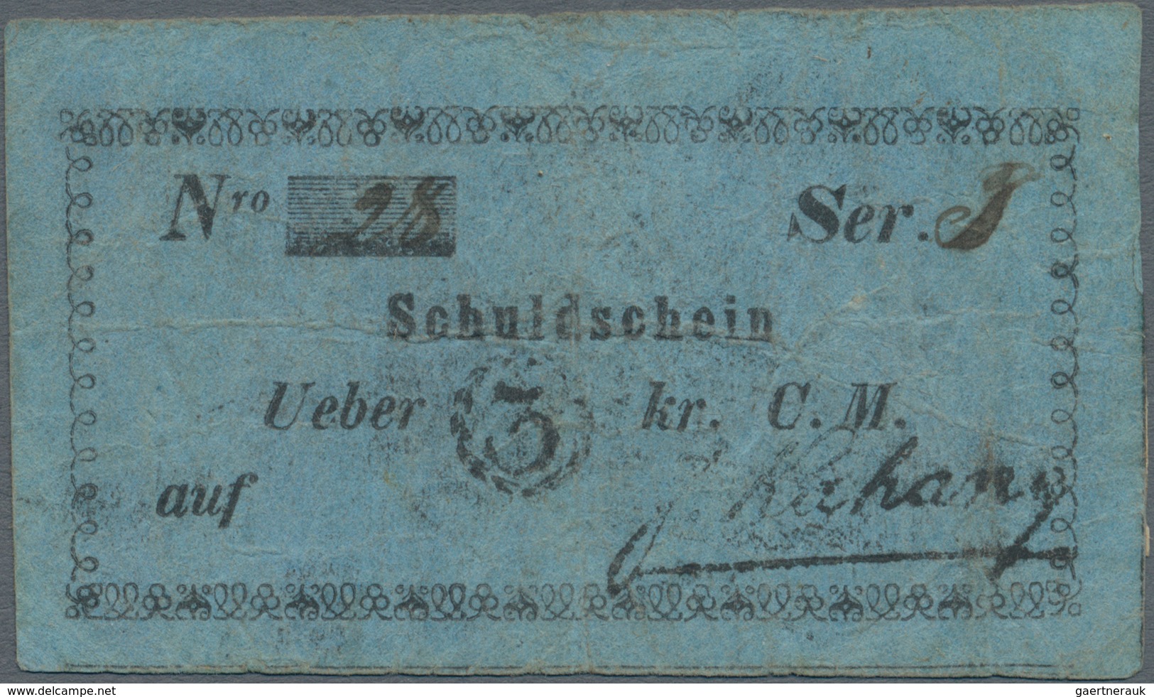 Poland / Polen: J. Kahane – Schuldschein über 3 Kreuzer 1849, P.NL (Podcziaski GA-019) In F/F+ Condi - Pologne