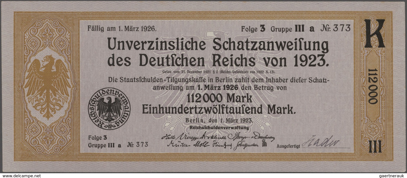 Deutschland - Deutsches Reich bis 1945: Lot mit 5 Schatzanweisungen des Deutschen Reichs von 1923 üb