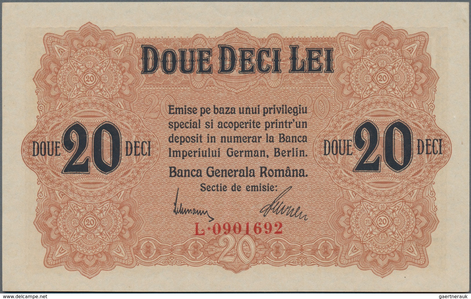 Deutschland - Nebengebiete Deutsches Reich: Banca Generală Română 20 Lei O.D. 1917, Ro.477, Kleiner - Sonstige & Ohne Zuordnung