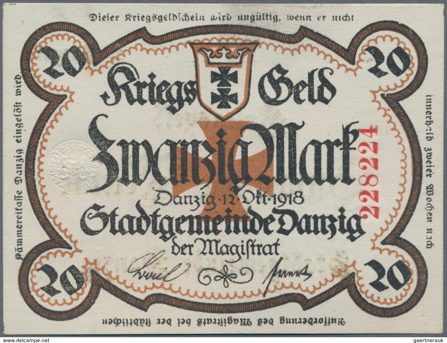 Deutschland - Nebengebiete Deutsches Reich: Stadtgemeinde Danzig, 20 Mark Kriegsgeld 1916, Ro.ex787a - Sonstige & Ohne Zuordnung