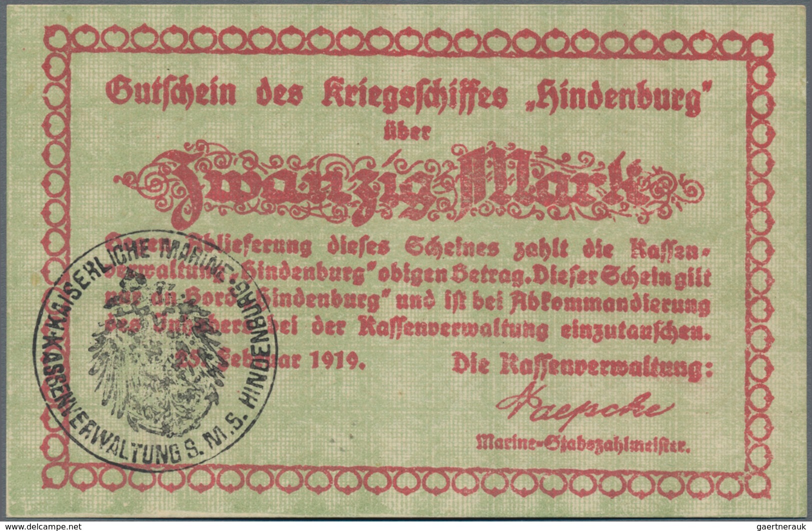 Deutschland - Notgeld: Kriegsschiff "Hindenburg", Kassenverwaltung, 50 Pf., 2x 1, 2x 5, 2x 20 Und 50 - Sonstige & Ohne Zuordnung