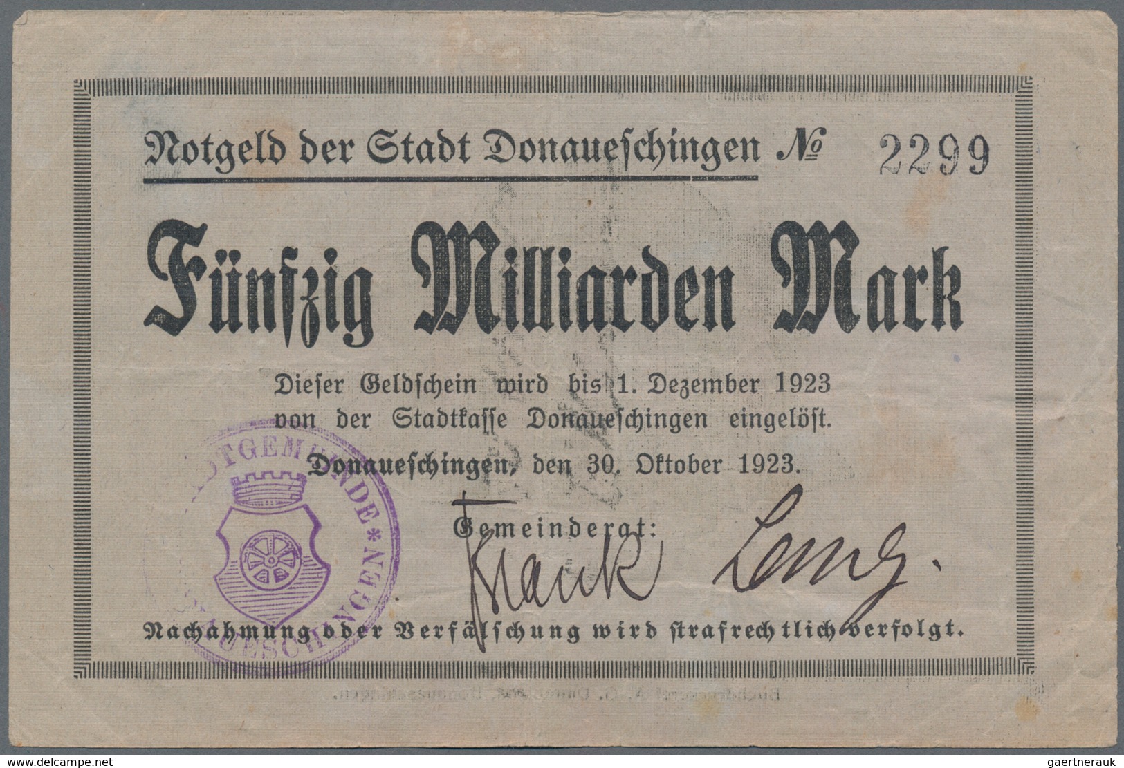 Deutschland - Notgeld - Baden: Donaueschingen, Stadt, 1, 5 (Papier rosa), 10, 20 (2, Druck schwarz b