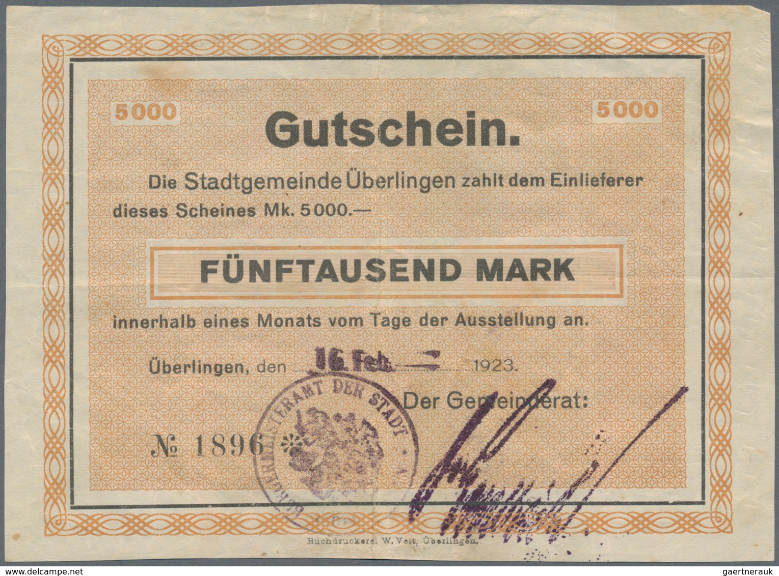 Deutschland - Notgeld - Baden: Überlingen, Stadt, 5 Tsd., 20 Tsd. Mark, 16.2.1923, mit Druckfirma un